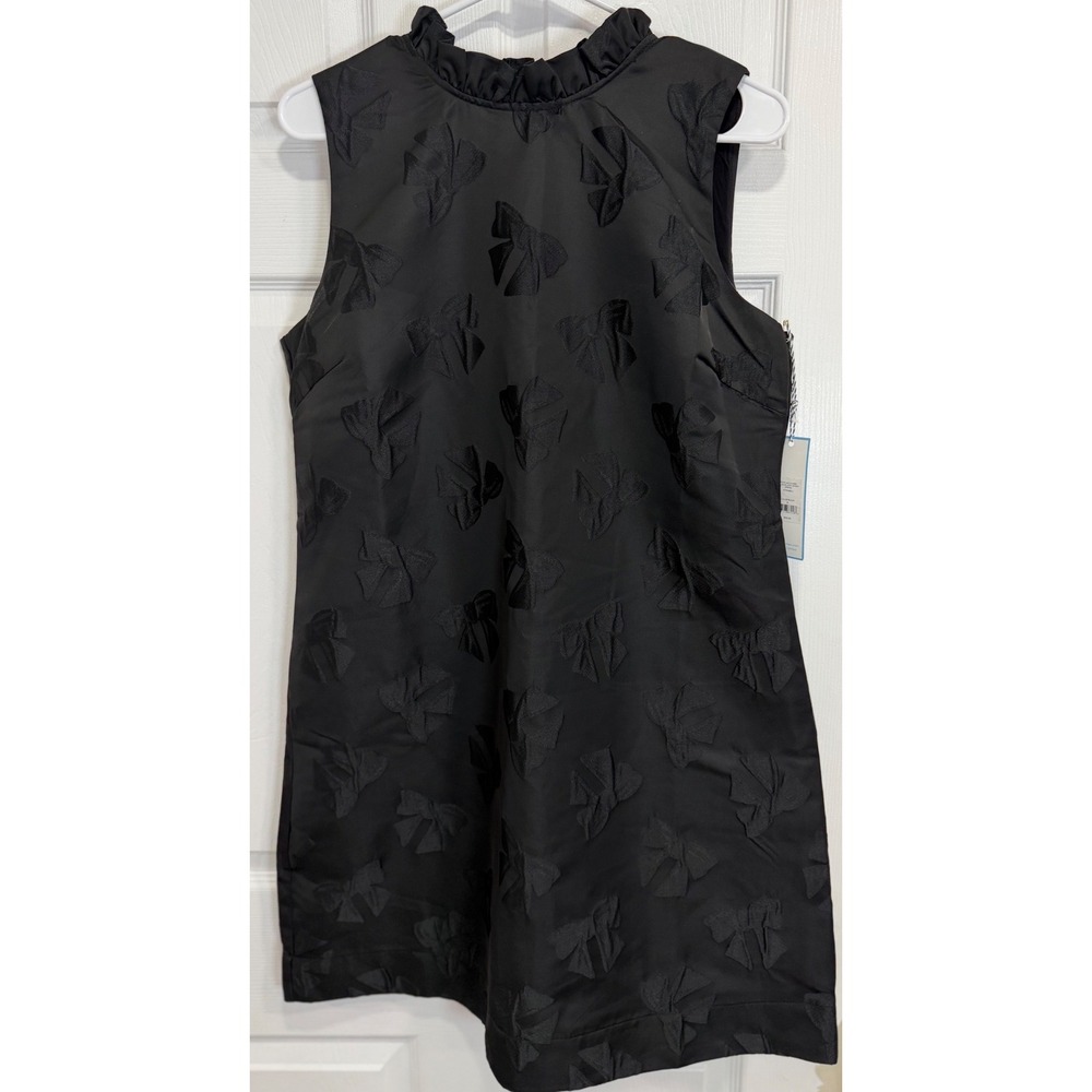 Draper James Black Bow Jacquard Ruffle Neck Tie Back Shift Dress Medium NWT